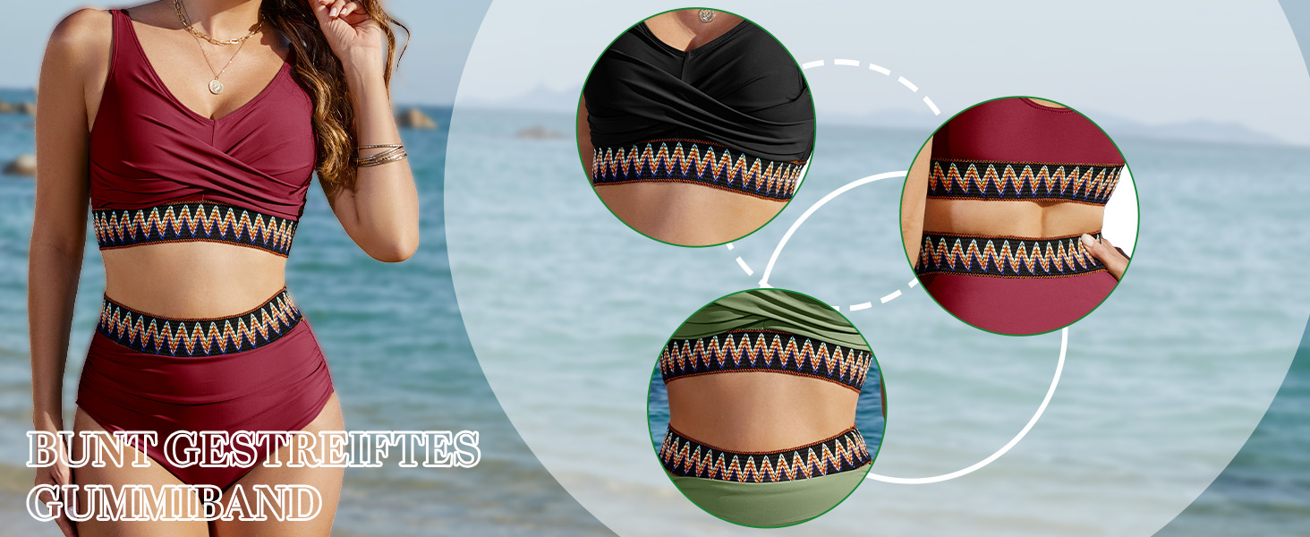 Бікіні жіночий комплект з високою талією, суцільний купальник двочастинний, сексуальний V-подібний виріз, push-up, кольоровий смугастий, великі розміри, пляжний, басейн, бордовий