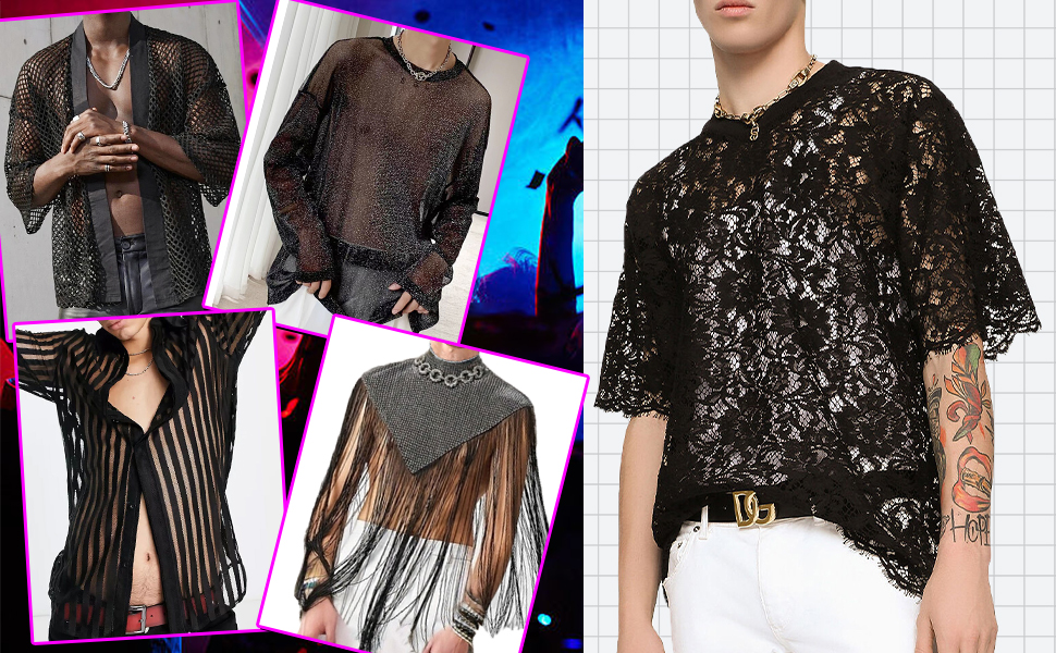 Чоловіча прозора сорочка AIEOE: мереживна сорочка з довгим рукавом для клубу, колір: коричневий