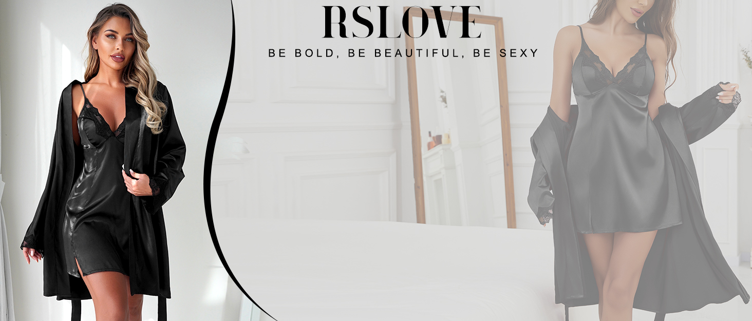 Комплект жіночого шовкового нічного одягу RSLOVE - Сексуальна нічна сорочка з мереживом та халат, 2-частинний комплект чорного кольору