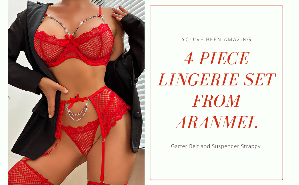 Сексуальний комплект нижньої білизни Aranmei для жінок, 4 частини: бюстгальтер, труси, панчіхотримач, стрінги, червоний, мереживо, кісточки, XXL