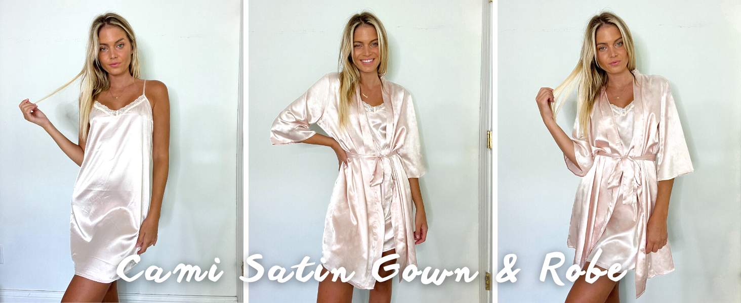 Світло-чорний шовковий халат з нічною сорочкою Ecouaer (2 шт.) - елегантна піжама для дому та свят