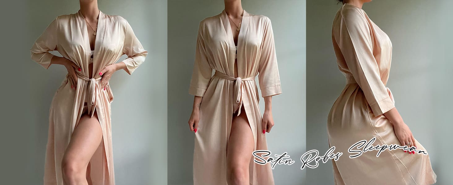 Халат жіночий атласний Ecouaer, легкий, довгий, з кишенями, S-XXL, колір шампань