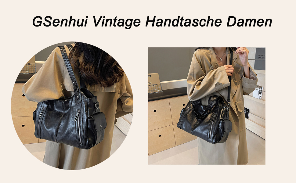 Жіноча сумка-шопер GSenhui Vintage City Bag: велика сумка на плече з екошкіри в панк-стилі для подорожей та міста, чорна