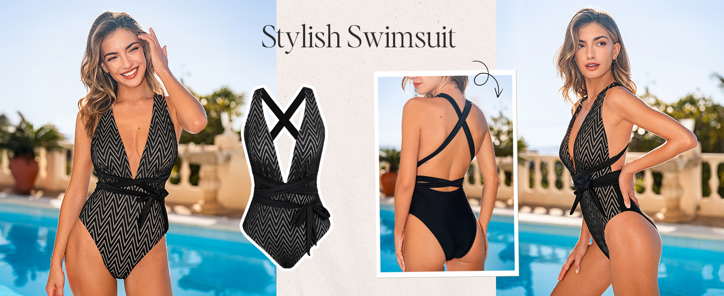 Купальник CUPSHE жіночий монокіні, глибокий V-подібний виріз, однотонний, чорний, розмір M