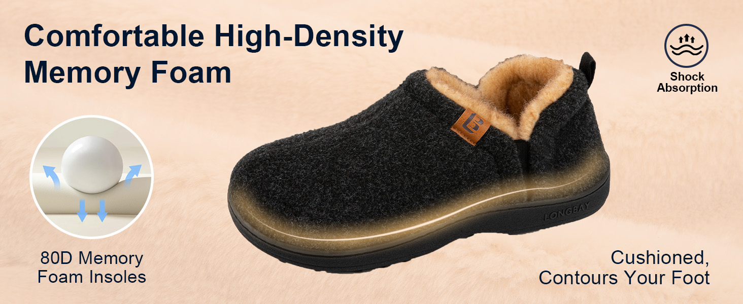 Чоловічі теплі зимові капці LongBay з ефектом пам'яті (Memory Foam), закриті домашні тапочки, чорні, розмір 42/43 EU
