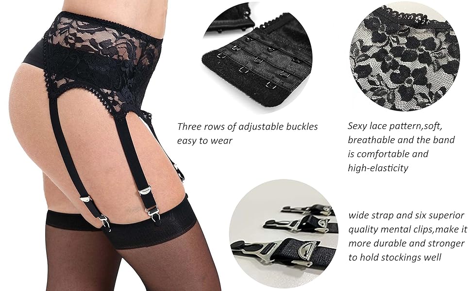 Жіночий ремінь-стріп-гурт з 6 гачками Klönkee, широкий, чорний, з мереживом