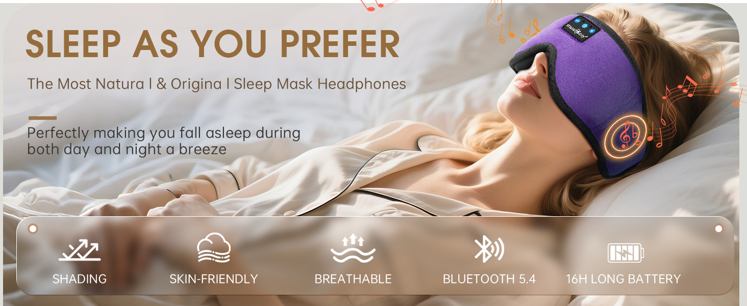 Маска для сну з Bluetooth-навушниками MUSICOZY, 3D затемнення 100%, м'яка пов'язка для сну та медитації, версія Bluetooth 5.4, 16 годин роботи, лавандовий колір