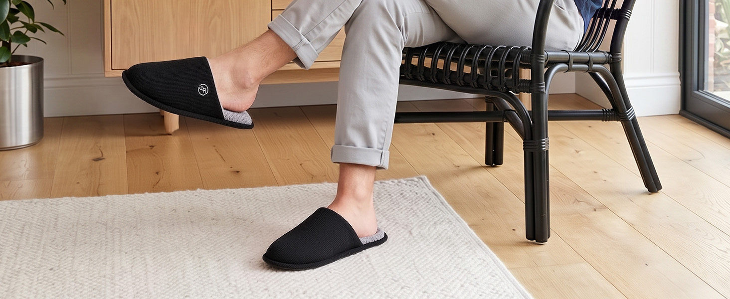 Чоловічі в'язані домашні капці EverFoams з ефектом пам'яті (Memory Foam), вологопоглинаючі, що миються в машинці, чорні, розмір 44/45 EU