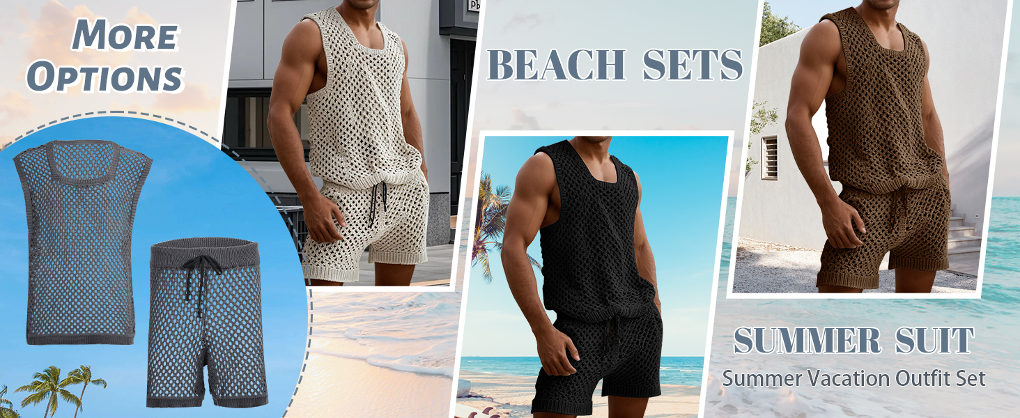 Костюм мереживний чоловічий AIEOE 2-кількісний, футболка та шорти, сітка, колір бежевий, розміри M-3XL