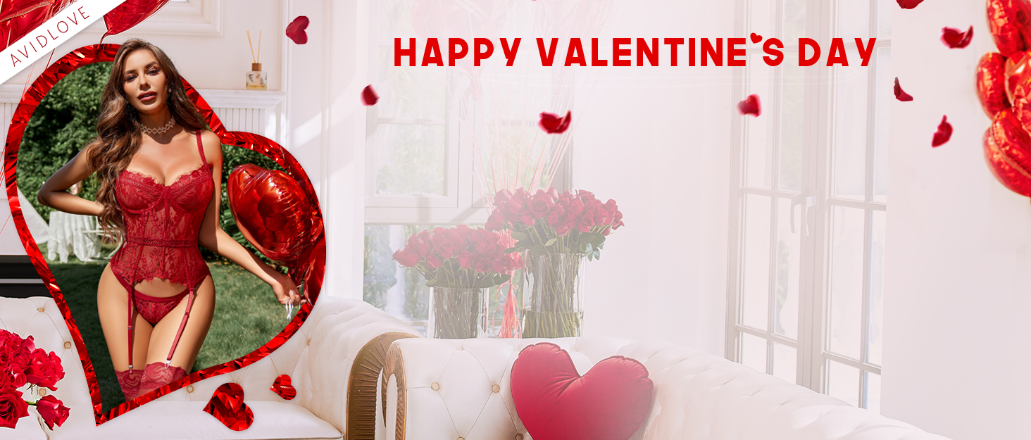 Avidlove Комплект нижньої білизни для жінок: мереживний боді, бюстгальтер з кісточками, трусики та стрінги, чорний