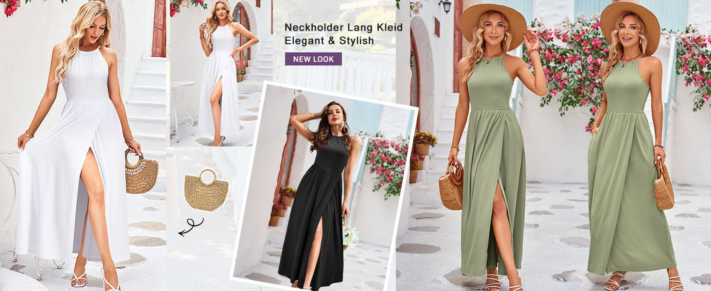 Жіноча літня сукня-максі KILIG з відкритою спиною (halter neck) та розрізом, темно-синя (Navy), святкова
