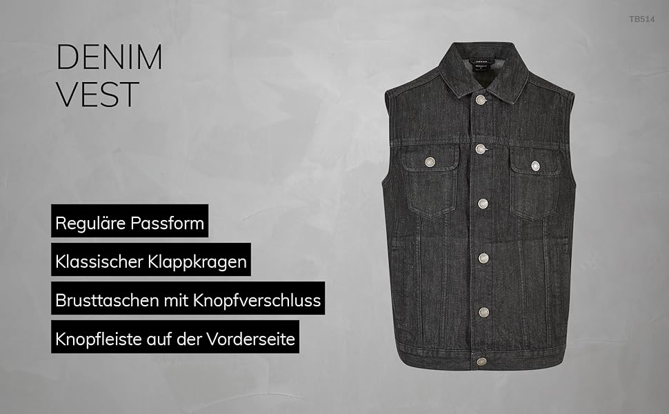 Чоловічий джинсовий жилет Urban Classics з коміром та нагрудними кишенями, чорний (blackdark), розмір XL