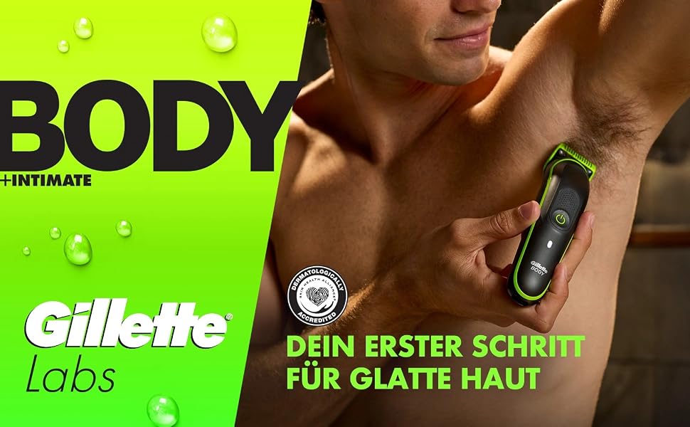 Тример для тіла та інтимних зон Gillette Labs i3 Body + Intimate для чоловіків, чорний/зелений, водонепроникний, з технологією SkinFirst та набором аксесуарів (5 шт)