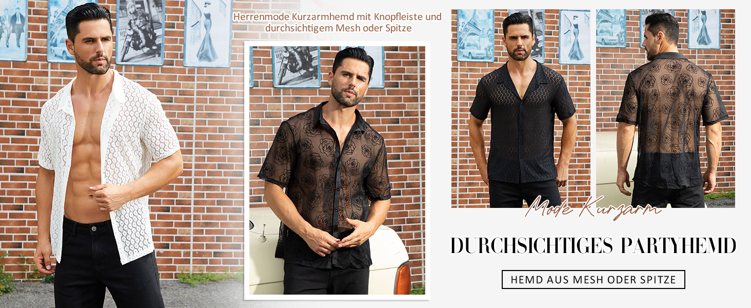 Чоловіча мереживна сорочка ABEHIK, чорна, з короткими рукавами, для вечірок та клубів