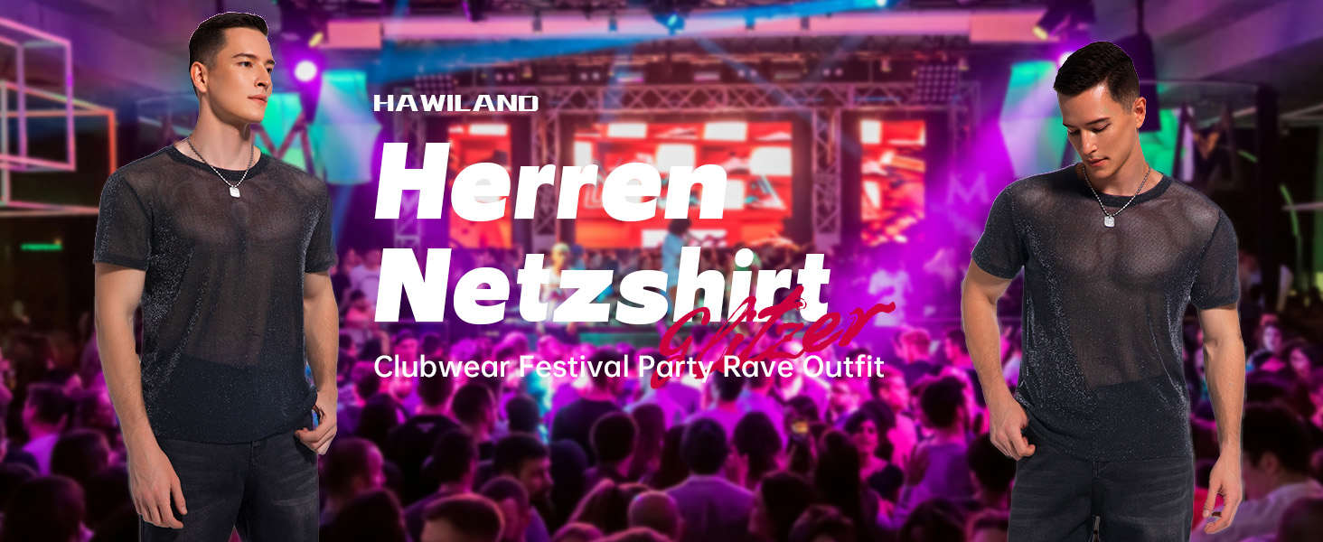 Чоловіча футболка Hawiland з блискітками, сітка, мереживо - для вечірок, клубів, рейв-вечірок. Чорний колір, розмір S