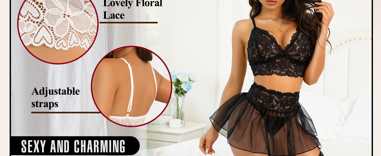 RSLOVE Сексуальна жіноча білизна - комплект із мереживної сорочки-бабочки, спідниці-міні з сітки та стрінгів, блакитний