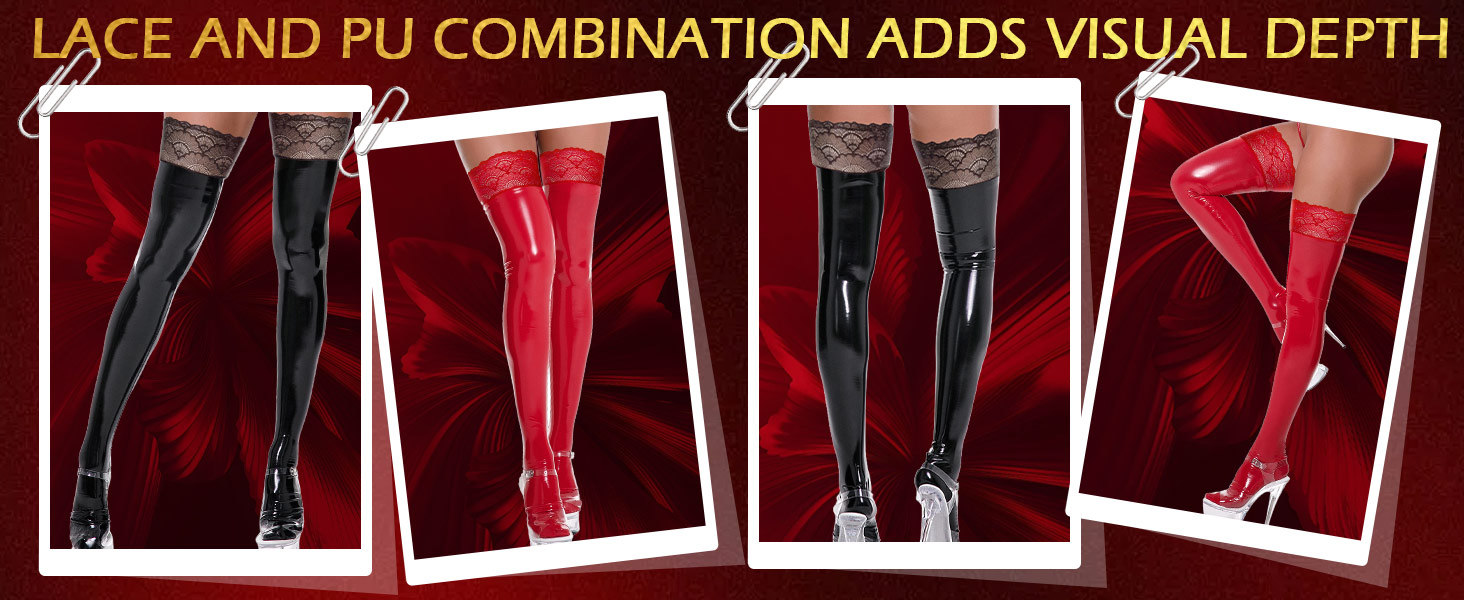 Чулки панчіхні жіночі високі над коліно з мереживом, лак шкіра, чорні. Сексуальний блискучий дизайн, антиковзаючі, для косплею, спідня білизна.