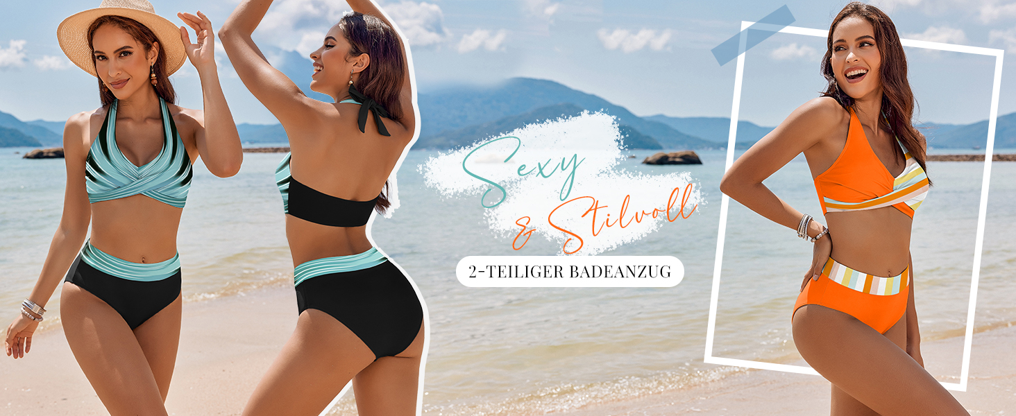 Бікіні Ecouaer для жінок, комплект двочастинний з високою талією, корегуючий животик, купальник з зав'язками на шиї, S-XXL XL, зелений