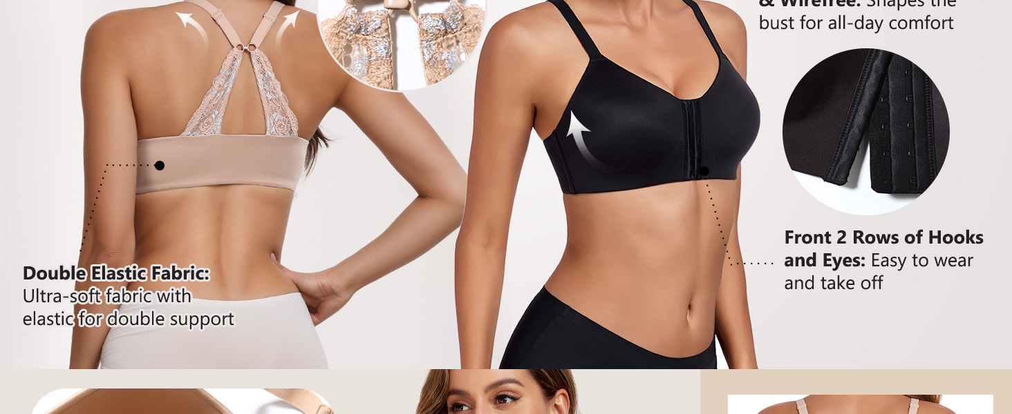 Леморосі: Безшовний бюстгальтер без кісточок, мультивей, на спину, з передньою застібкою, великі розміри, сильний утримання, повна чашка, комфортний, класичний бралетт для повсякденного носіння, 95E, бежевий