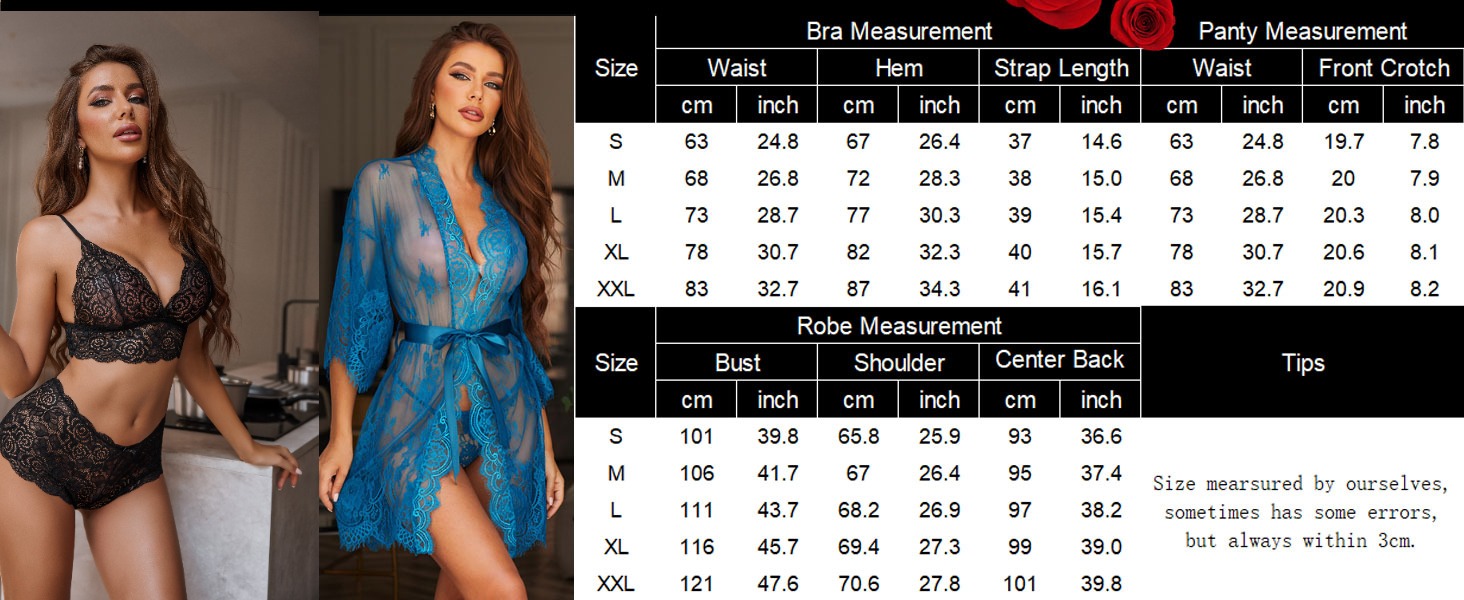 Avidlove Сексуальна жіноча білизна комплект мереживо 3-частинний негаліж, мереживний нічний халат, мереживна білизна комплект з бюстгальтером та трусиками, витончений, бордовий