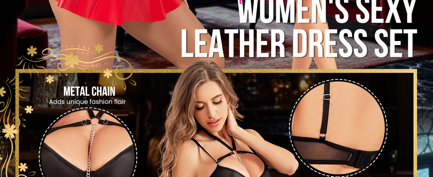 Елегантний костюм Evelife з чорного штучної шкіри: міні-сукня та бюстгальтер push-up з металевим ланцюжком. Ідеально для вечірок, клубів та тематичних заходів. Розмір M.