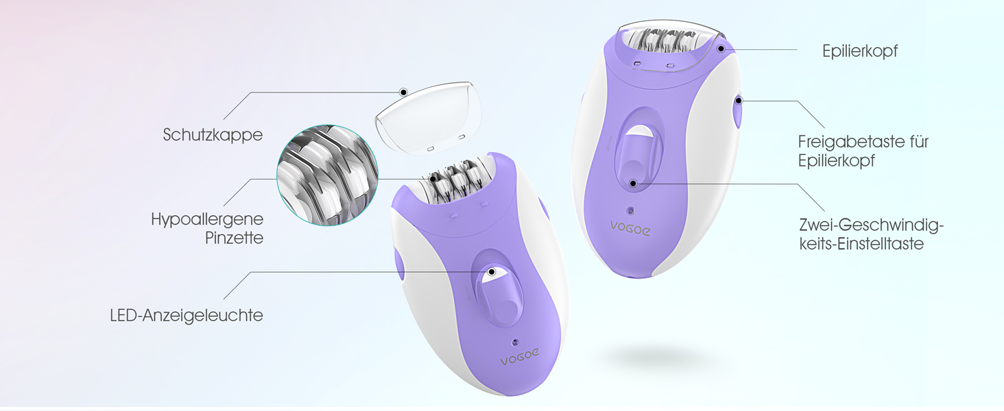 Електричний епілятор для жінок VOGOE HR110 з 21 пінцетом та LED-підсвіткою, акумуляторний пристрій для видалення волосся на ногах та руках, 2 швидкості (Фіолетовий)