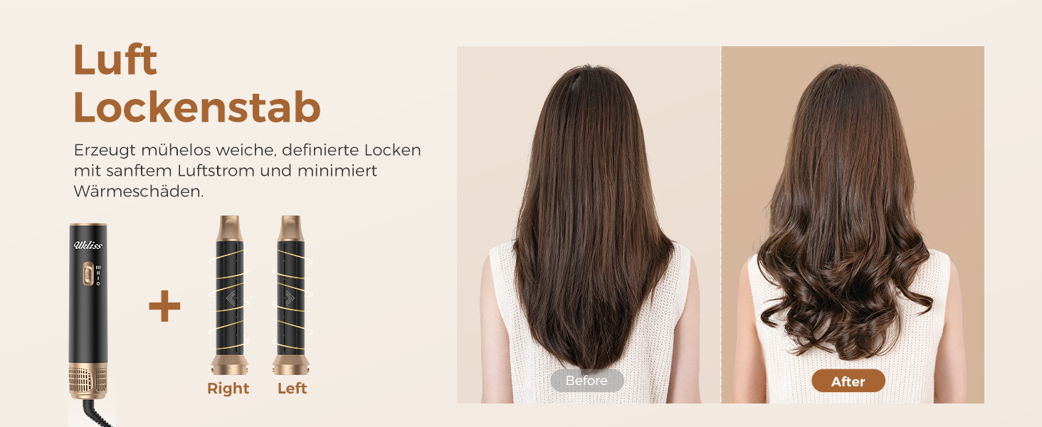 Мультистайлер для волосся 5 в 1 UKLISS Airstyler: фен, вирівнювач, круглі щітки та локони, чорний/золотий