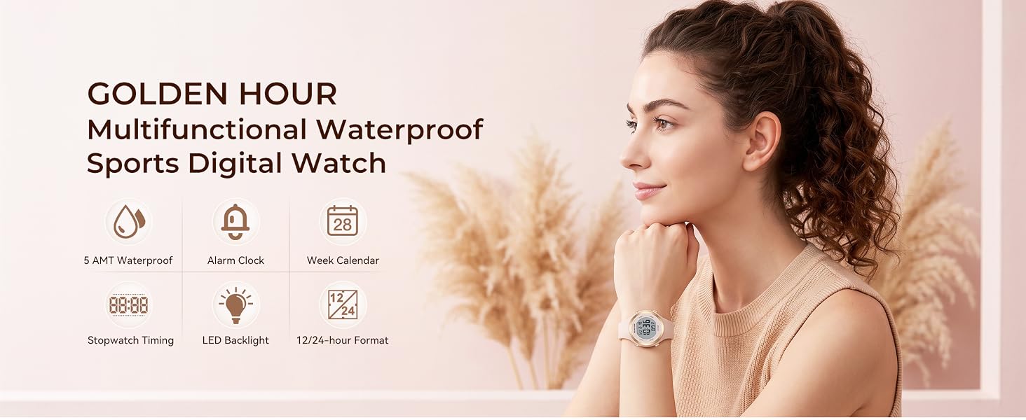 Жіночий цифровий спортивний годинник GOLDEN HOUR з хронографом, водонепроникність 5ATM, силіконовий ремінець, з датою та підсвіткою, колір Розове золото/Сріблястий