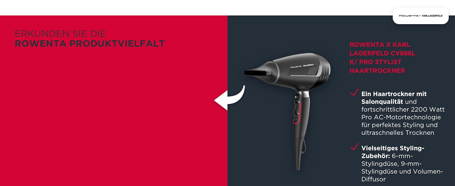 Фен для волосся Rowenta x Karl Lagerfeld CV581L Studio Dry з технологією Effiwatt, 6 рівнів швидкості та температури, Thermo Control, чорний/червоний