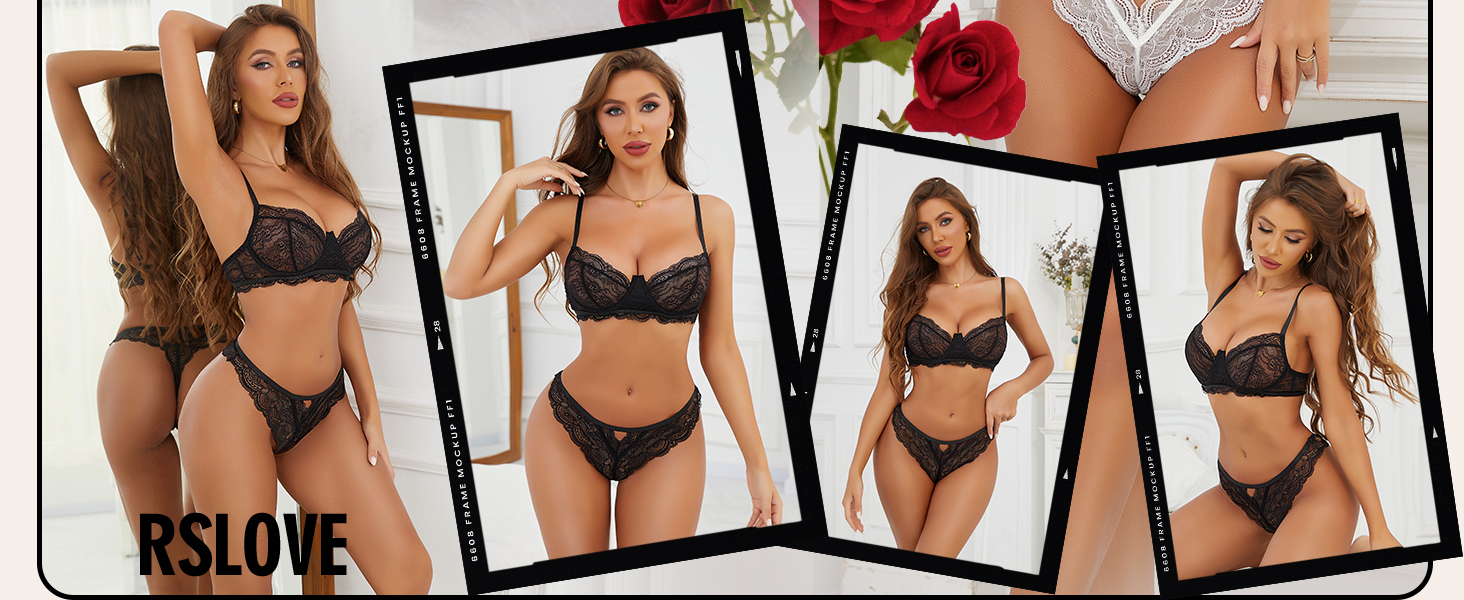 RSLOVE Комплект спідньої білизни для жінок: мереживний, прозорий, сексуальний комплект, бюстгальтер та труси (2 частини), чорний, XXL