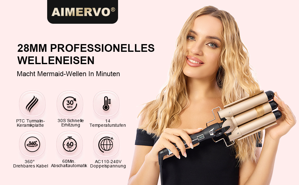 Триммер-гофре AIMERVO DEEPWAVES 28мм: керамічний плой для створення хвиль, LCD-дисплей, 14 рівнів температури (80-210°C), для всіх типів волосся, з рукавицею та зажимами