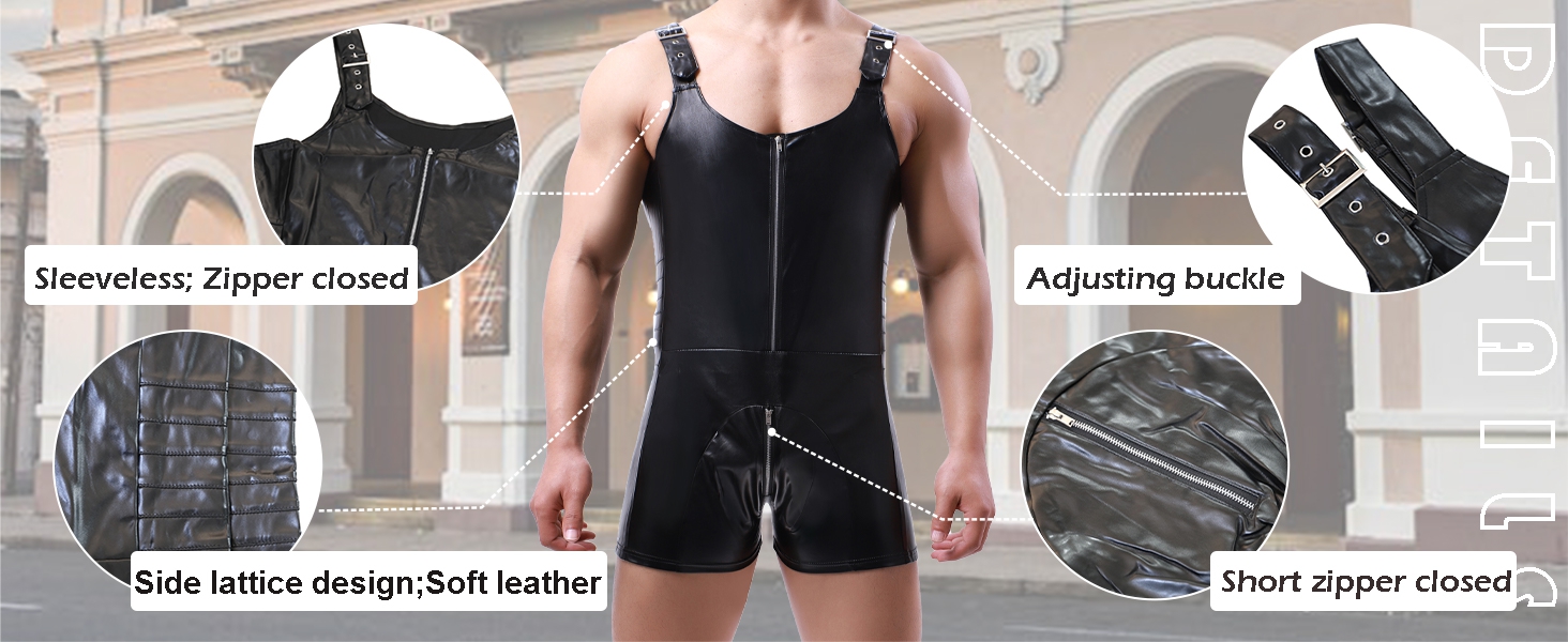 Чоловічі шорти QiaTi без рукавів, лосини на блискавці з екошкіри, боді з 2 кишенями, для повсякденного та клубного стилю, чорний, XL