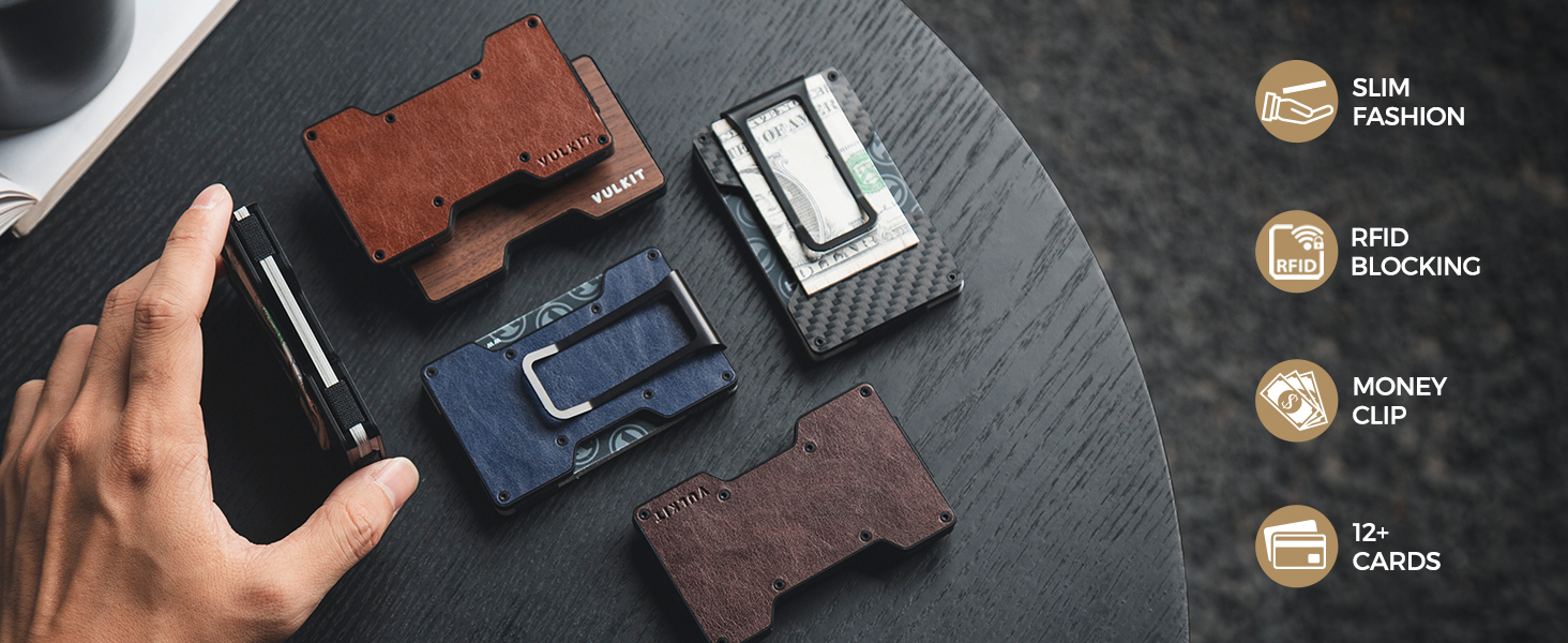 Чоловічий картхолдер VULKIT зі сталевим затискачем для грошей, Slim Wallet з RFID-захистом, компактний гаманець з текстурою під дерево на 12–15 карток