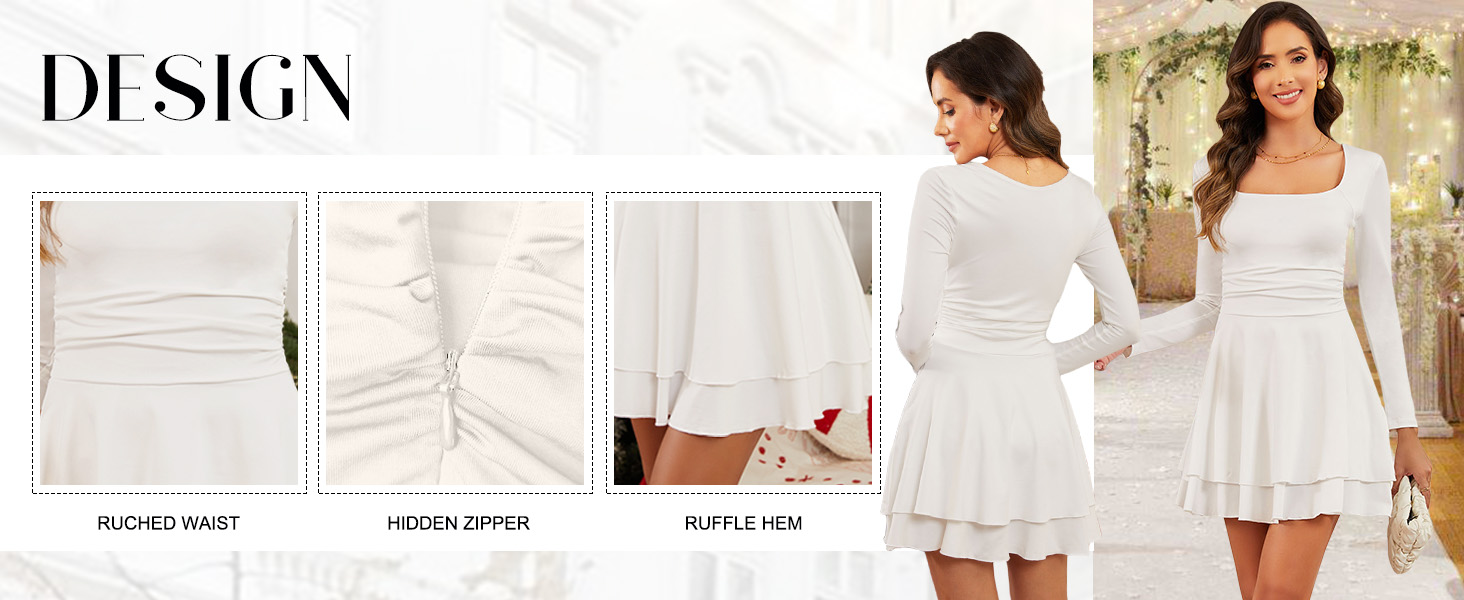 Сукня жіноча квадратним вирізом, елегантна вечірня, коктейльна, bodycon, на короткі/довгі рукави, міні, slim fit, висока талія, з фалдами, біла, розмір M
