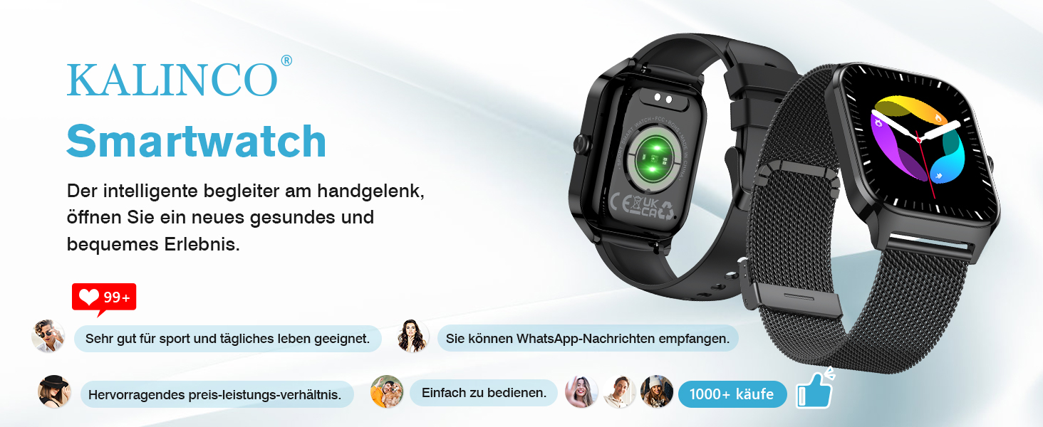 Смарт-годинник KALINCO для чоловіків та жінок з Bluetooth, вимірюванням артеріального тиску, пульсу та SpO2, AI фітнес-трекер, 100+ спортивних режимів, аналіз сну, сумісність з iOS та Android (Milano, чорний)