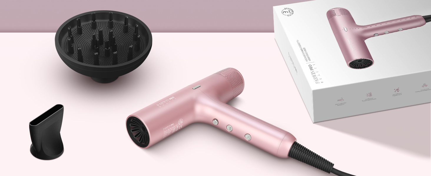 Професійний іонний фен для волосся PARWIN PRO BEAUTY з безщітковим двигуном 110,000 RPM, магнітним диффузором та LCD-дисплеєм, рожевий