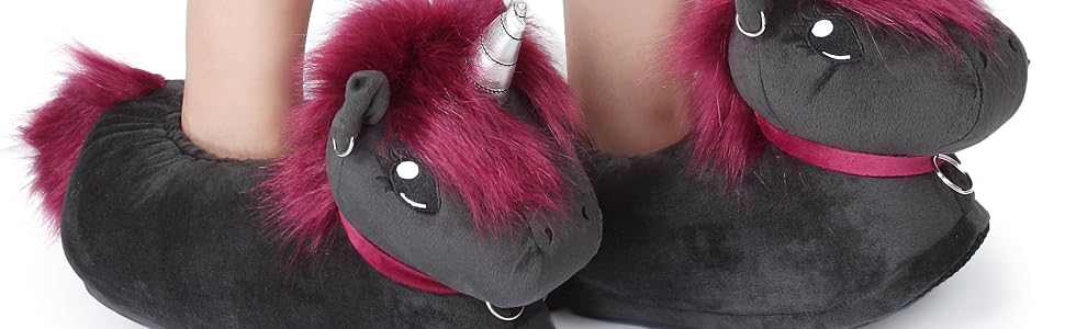 Плюшеві капці для дому corimori Ruby das Punk Einhorn (Єдиноріг), чорно-рожеві, гнумка підошва, розмір 34-44 EU