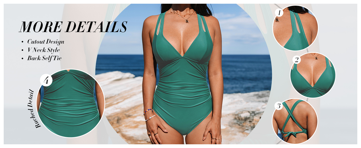Купальник CUPSHE з V-подібним вирізом, корегуючими складками та глибоким вирізом на спині, одноцільний, оливковий/тропічний, для жінок