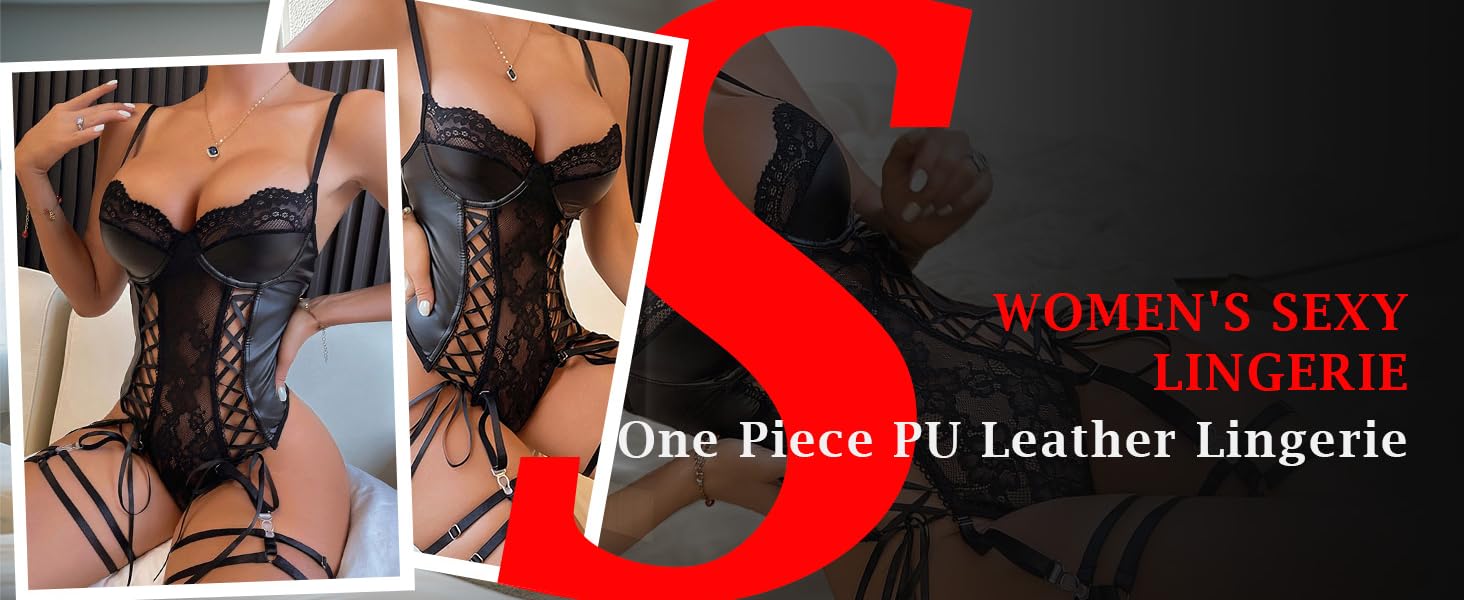 Сексуальний комплект спідньої білизни з екошкіри для жінок: еротичний нігліж та боді, чорний, S-XL