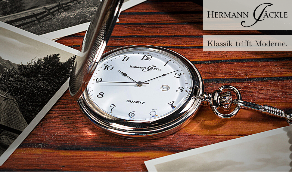 Чоловічий кишеньковий годинник Hermann Jäckle Tübingen Quartz сріблястий, 50 мм, з календарем та ланцюжком