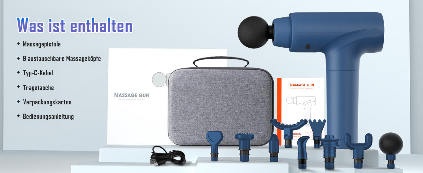 Перкусійний масажер Massage Gun з LED-екраном, електричний масажний пістолет для м'язів: 20 швидкостей, 9 насадок, сумка для перенесення, синій