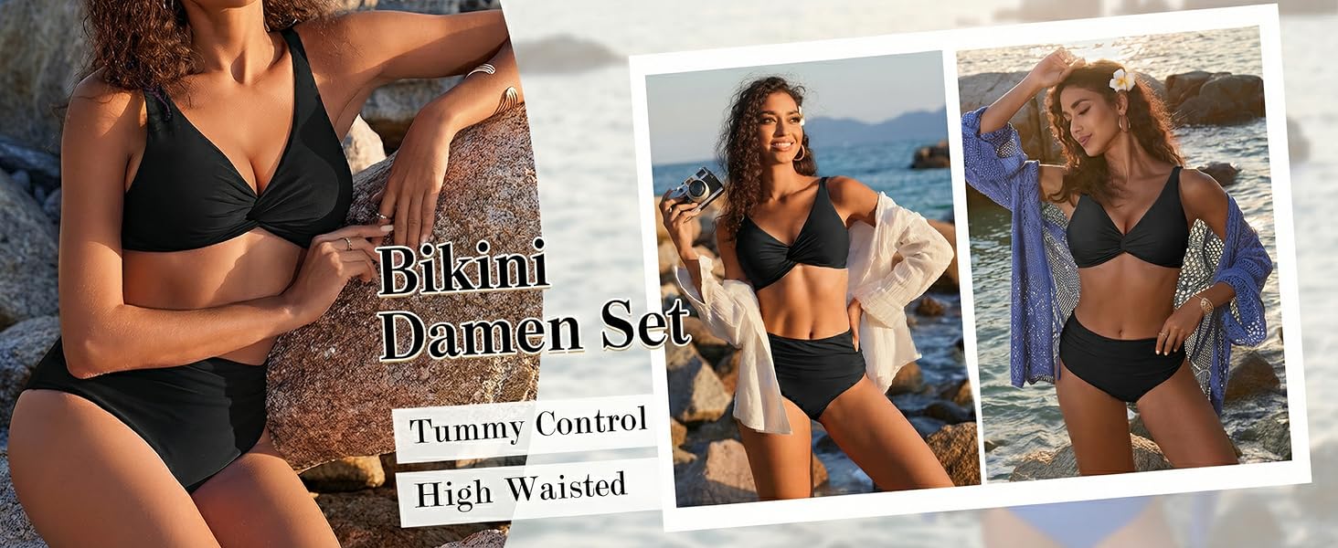 Бікіні Ecouaer для жінок: комплект з високою талією, корегуючий животик, push-up, чорний, S-XXL