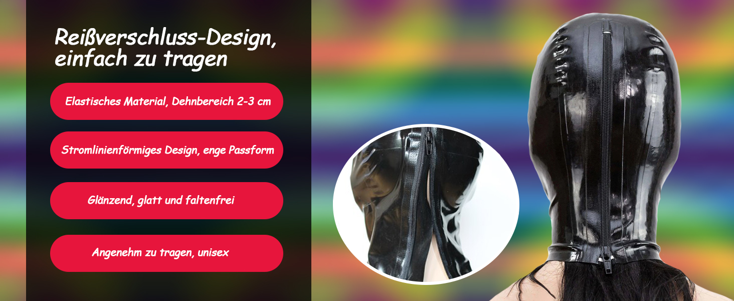 Латексна маска для БДСМ, Фетіш, Косплей з блискавкою на спині - чорна