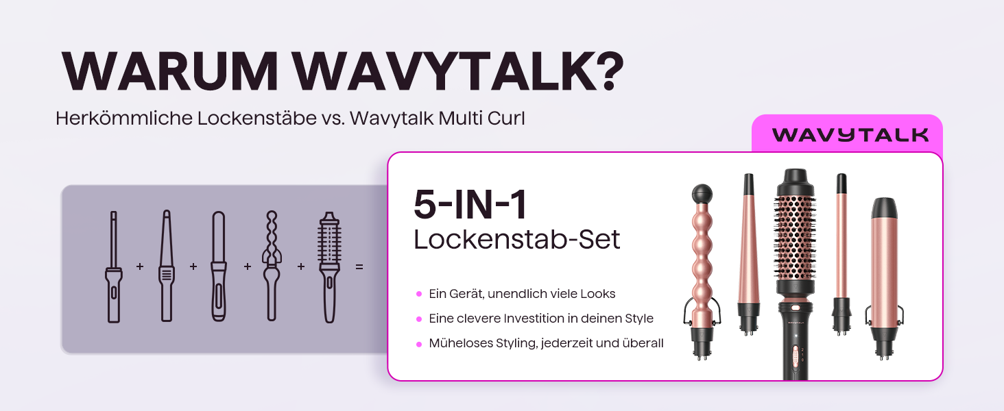 Мультистайлер для волосся 5-в-1 Wavytalk: плойка для великих та малих кучерів, термощітка та 4 насадки (13–32 мм), 150–210 °C, рожевий
