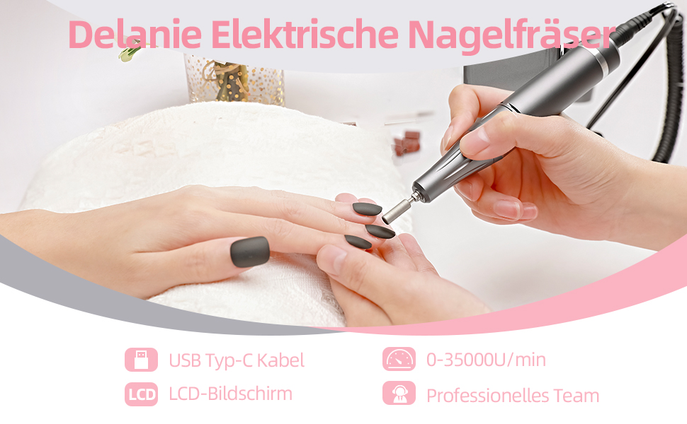 Акумуляторний апарат для манікюру та педикюру Delanie, електрична пилка для нігтів 35000 об/хв для гель-лаків та акрилу, з LED-дисплеєм та USB-зарядкою (Сірий)