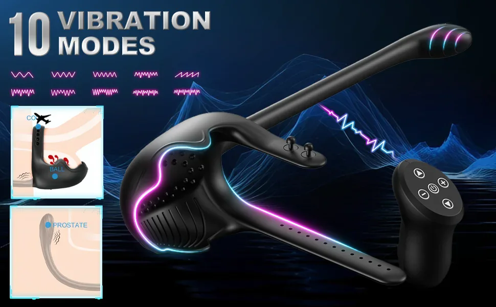 Електричний кільце для статевого члена Guspiun з двома моторами та вібратором для анусу. 10 режимів вібрації, пульт дистанційного керування. Інтимні іграшки для пар.