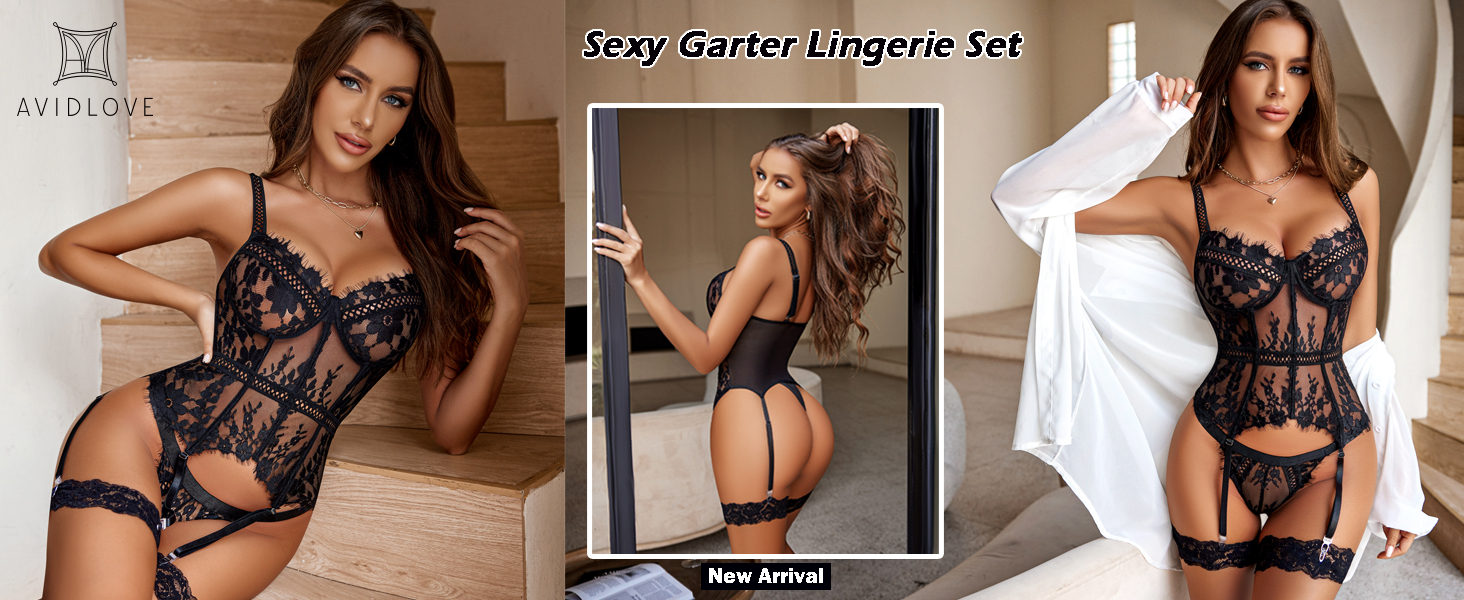 Avidlove Комплект нижньої білизни для жінок: мереживний боді, бюстгальтер з кісточками, трусики та стрінги, чорний
