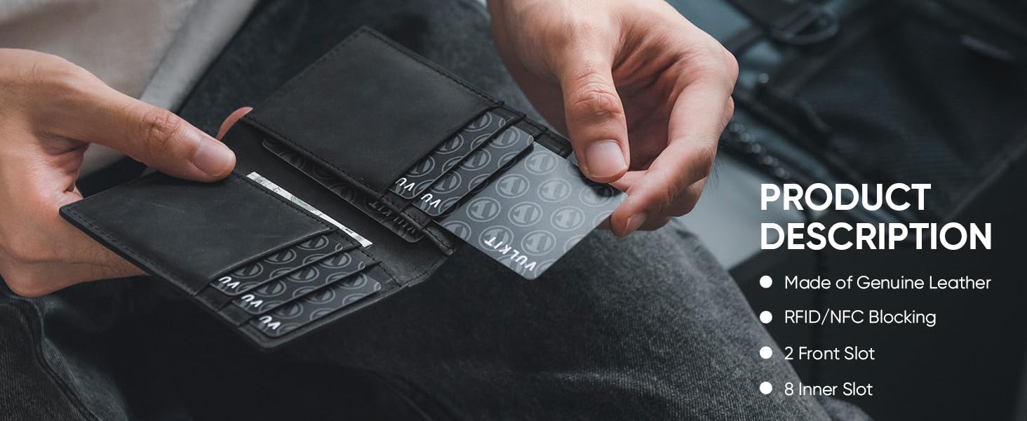 Чоловічий шкіряний картхолдер VULKIT з RFID/NFC захистом, тонкий гаманець для карток на 10 відділень, колір Nappa-espresso