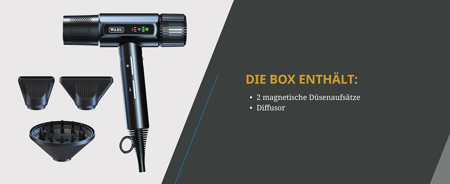 Професійний іонний фен Wahl Vanquish 1600W з FlowControl, магнітними насадками та дифузором, чорний