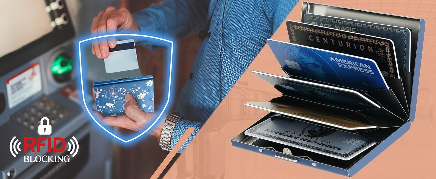 Стильний металевий картхолдер з RFID-захистом від скімінгу, ультратонкий гаманець для карт на 6 слотів, синій з квітковим принтом, унісекс